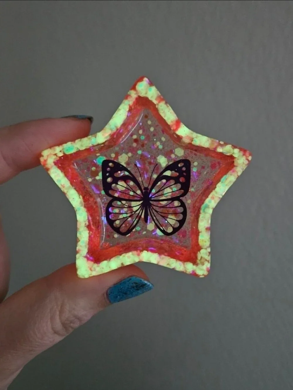 Handmade Pink Star Mini Resin Ring Dish Glow In The Dark Purple Butterfly